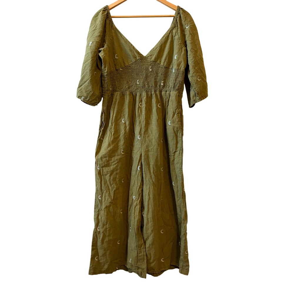 Earthbound Trading Co Women XL Olive Green Moon Embroidered Smocked Jumpsuit